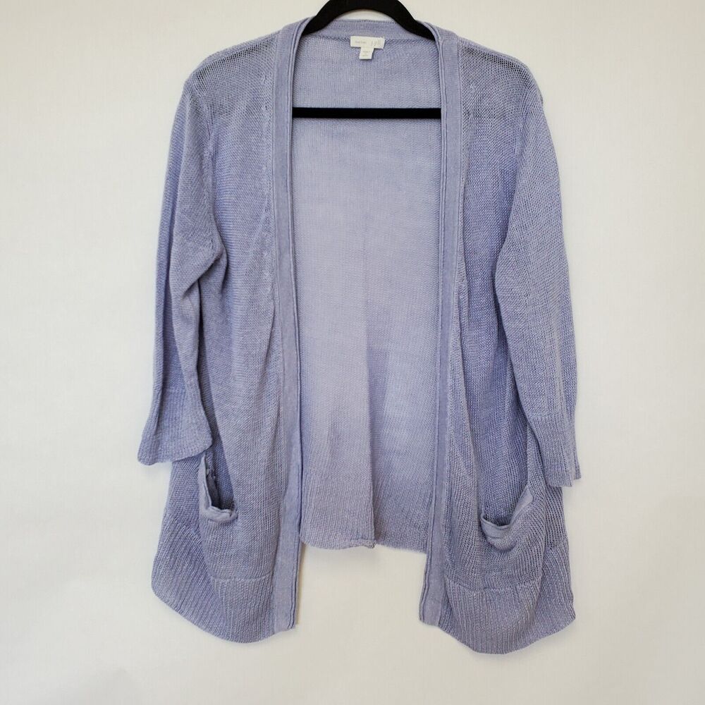 J. Jill Cardigan Womens Small Missy Open Front Linen Open Knit 3/4 Sleeve Blue